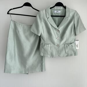 Le Suit Skirt Suit Womens 6P Shiny Mint Two Piece Short Sleeve Blazer Career Set
